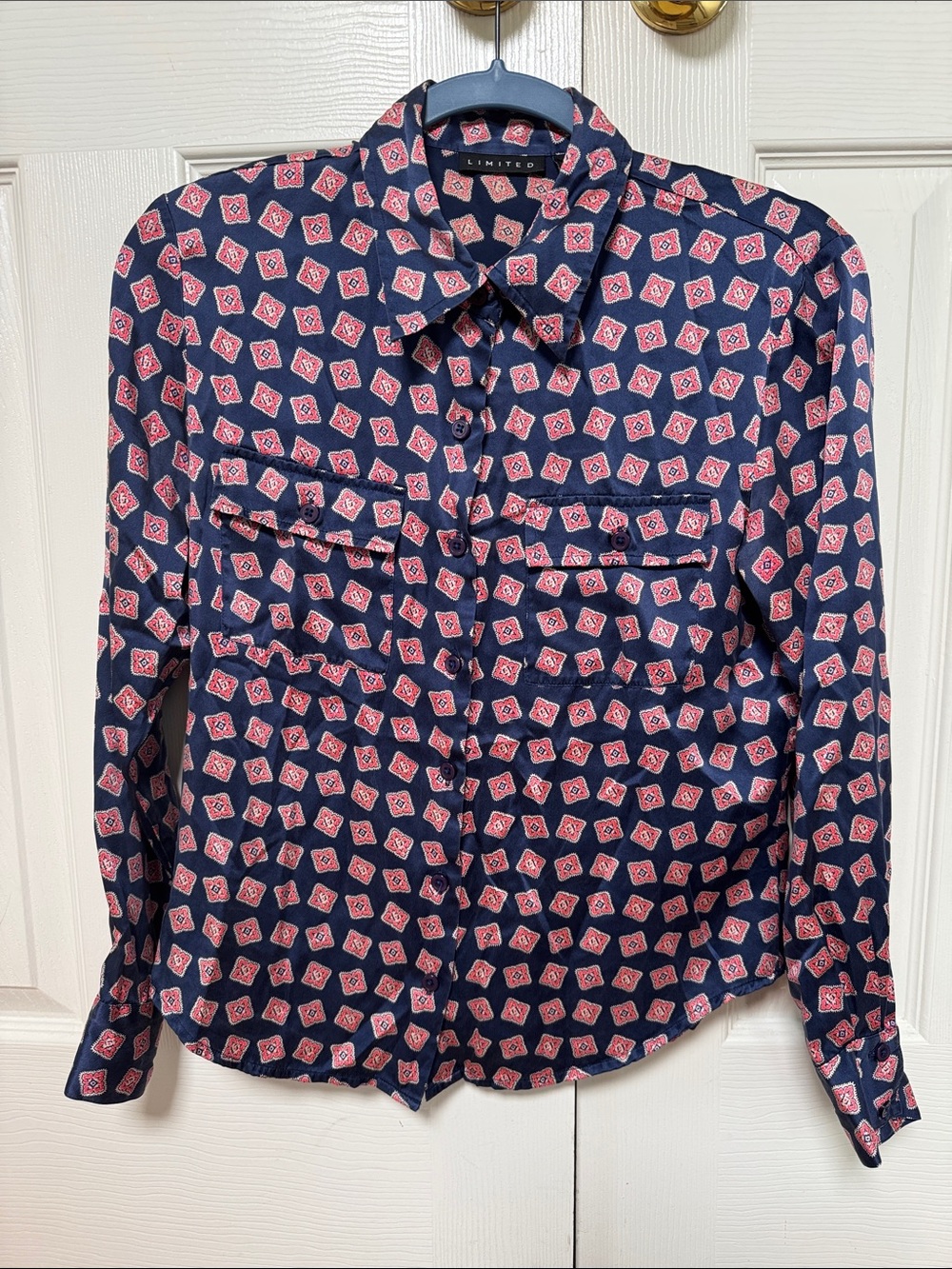 Limited Navy Silk Button-Up Blouse with Pink Geometric diamond Print size small